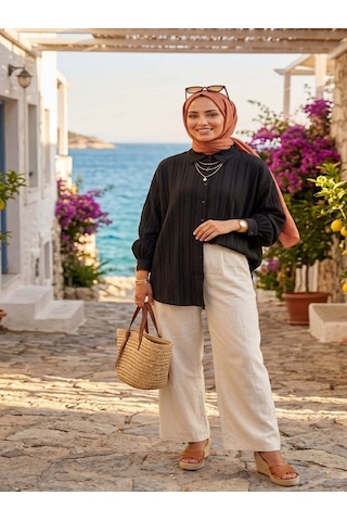 Mirve Butik Balon Kol Gömlek SİYAH