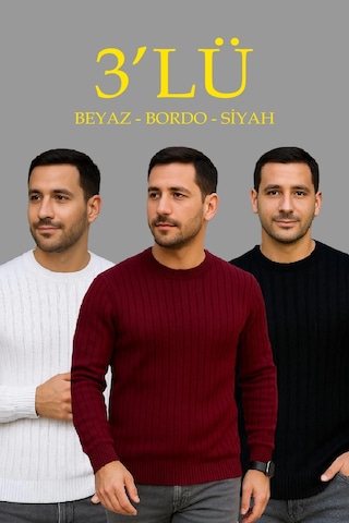 Barlashive Erkek Fitilli Triko Bisiklet Yaka Kalın Kazak 3'lü Set Beyaz-bordo-siyah Çok Renkli