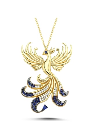 Kayra Mücevher Kraliçe Lacivert Taşlı Anka Kuşu Altın Kaplama Kolye