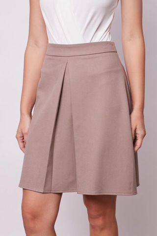 Kadın Yüksek Bel Hafif Likralı Kumaş Pilikaşeli Diz Boy Çan Etek-vizon Vizon