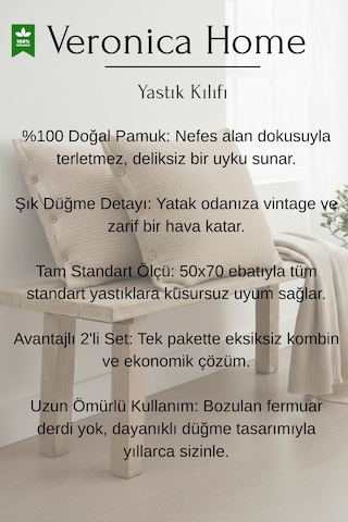 6 Kat Müslin %100 Pamuk 2'li Düğmeli Yastık Kılıfı Set 50x70 Organik Gri