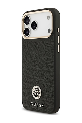 Apple Uyumlu iPhone 17 Pro Max Kılıf Guess Lisanslı M-safeli Grained Yazı Ve Taşlı 4g Logolu Kapak Siyah Siyah