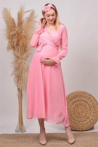 Kadın Beyaz Baby Shower Şifon Hamile Elbise Dphml003 Pudra