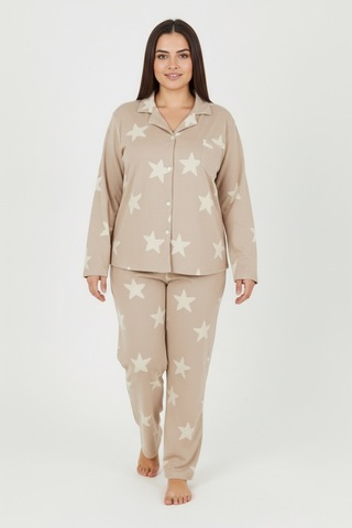 Bravie Luxury Soft Bej Yıldız Desenli Uzun Kollu Kadın Pijama Takımı Büyük Beden 3011 Bej