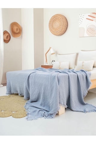 4 Katlı Müslin Yatak Örtüsü - Bebek Mavisi Renk Çift Kişilik Pike Açık Mavi