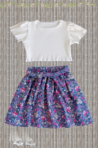 Etekli Crop Takım, Çiçekli Gri-mavi Etek - Ekru Crop Ekru-griçiçekli Ekru - Gri