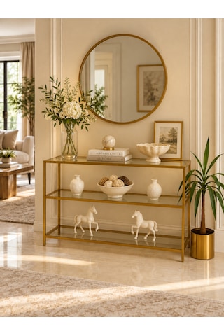 Teknor Şeffaf Camlı Gold Metal Salon Konsol Ünitesi 100cm