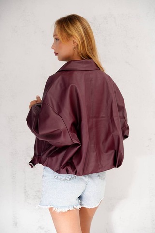 Jesse Story Kadın Deri Ceket Relax Fit Suni Deri Ceket Bordo Bordo