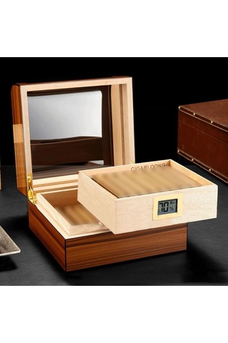 Cigarloong Camlı Puro Kutusu Humidor Ceviz 60's