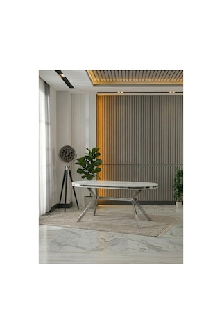 Zae Mdf Yemek Masası 90x170 Cm Beyaz Mermer/nikel Beyaz Mermer/nikel