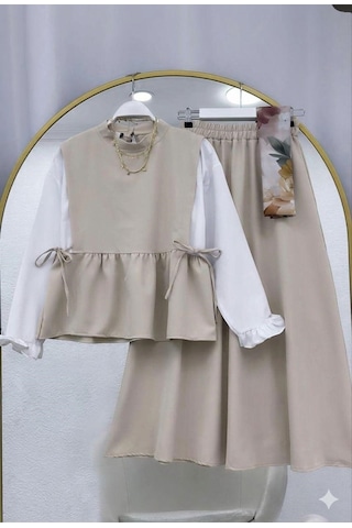 Lovie Moda Kadın Kolu Büzgülü Etekli Takım - Bej