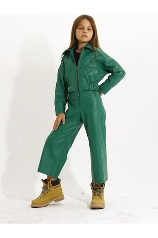 Kız Çocuk Fermuarlı Deri Mont-11210-yeşil