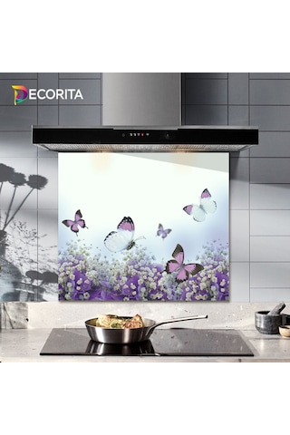 Decorıta Cam Ocak Arkası Koruyucu | Mor Çiçek & Kelebek Desenli