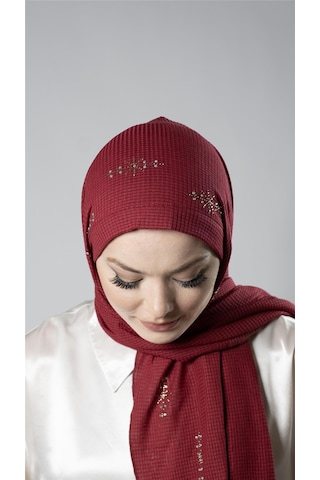 Hürrem Bone Bordo Pratik Hazır Geçmeli Tesettür Şal Örme Kumaş Taşlı Yıldız Desenli 2118y 16