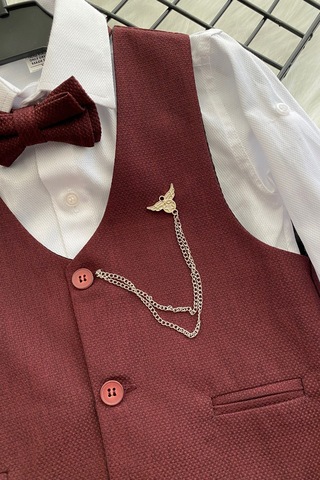 Lüks Planet Yelekli Papyonlu Erkek Çocuk Takım Elbise Bordo