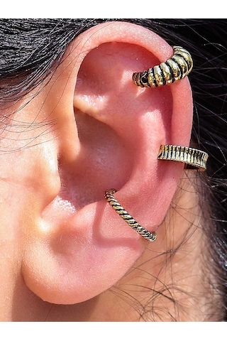 Vintage Antik 3'lü Deliksiz Ear Cuff Ayarlanabilir Kıkırdak Küpe Seti Eukk4 Sarı