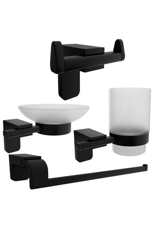 Siyah Lux 4 Lü Banyo Seti Solo Havluluk, Diş Fırçalık, Sabunluk Mat Siyah