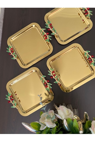 Atabey Home Collection 6'lı Kahve & Çay & Sunum Tepsisi Gold Tepsi Zeytin Dali & Kiraz Modele Uyumlu