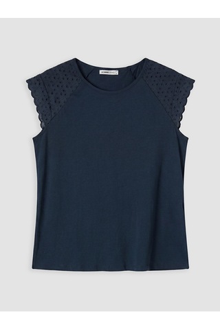 Lcw Grace Lacivert Bisiklet Yaka Nakışlı %100 Pamuklu Bluz