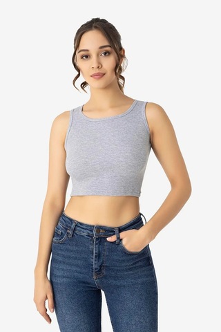 Terrien Özel Seri Alternatif Mevsimlik Üst Kaşkorse Kadın Pamuklu Fitilli Halter Yaka Kalın Askılı Crop Gri