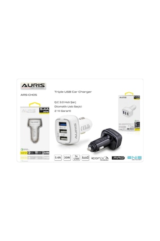 Auris 5.4A Araç Şarj Başlığı 3 Usb Girişli Qualcomm 3.0 Ars-Cr05