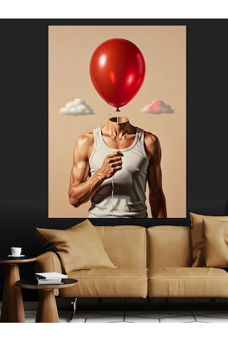 Ahşap Tablo Kırmızı Balon Kafalı Genç Adam İllüstrasyonu