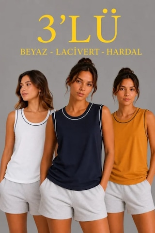 Efnaz Style 3 Lü Kolsuz Sporcu Atlet Seti Yazlık Bisiklet Yakalı - Beyaz, Lacivert, Hardal Çok Renkli