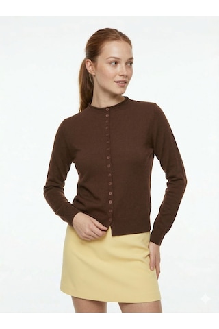 Kadın Acı Kahve Slim Fit Dar Kesim Düğmeli Bisiklet Yaka Triko Hırka Kahverengi