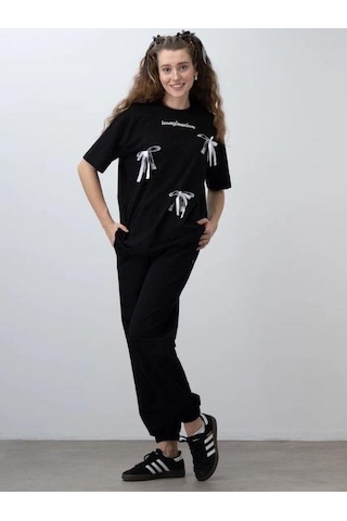 Zekids Kız Çocuk Fiyonk Detaylı Oversize T-shirt-15531 Siyah