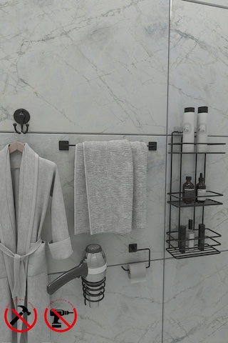 Alper Banyo Yapışkanlı Siyah 3 Katlı Banyo Rafı TŞ03 Jasmin Kağıtlık Uzun Havluluk Kare Fön Makinesi Askısı Lotus V Bornoz Askılık Siyah
