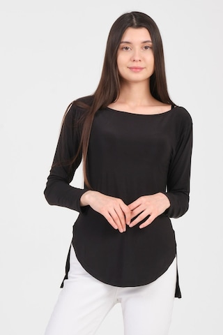 As Collection Siyah Uzun Kol Yırtmaçlı Sandy Kadın T-shirt Siyah