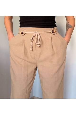 Ali Butik Vizon Boncuk Bağlama Detaylı Keten Pantolon Krem