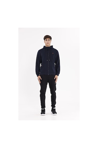 Rowinger Metal Uçlu Kordonlu Tam Fermuarlı Bölmeli Ön Cepli Küçük Nakış Logolu Rahat Kalıp Mevsimlik Kapüşonlu Sweatshirt Navyblue