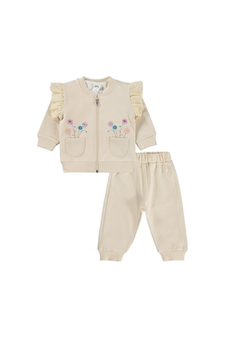 Civil Baby Çiçek Nakışlı Hırkalı 6-18 Ay Takım - Bej