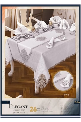 Cekihome Elegant Linen Krem-gümüş 26 Parça 12 Kişilik Supla Runner Premium Sofra Masa Takımı