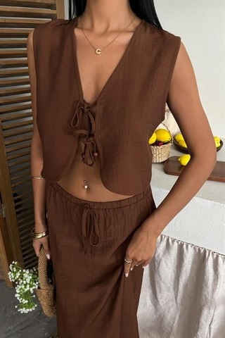 Yelek Önden Bağlamalı Uzun Etekli Takım 10192 Kahverengi