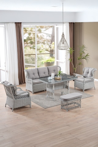 Paris Rattan Puflu Bahçe Balkon Takımı 3+1+1 Cam Masalı Gri