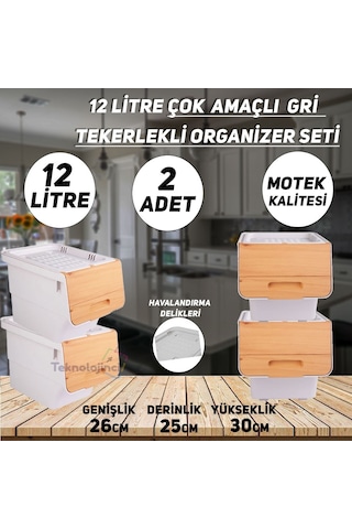 Technow Motek 12 Litre Bambu Desen Tekerlekli Tekli Organizer 2 A