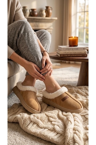 Bsz Ayakkabı Kadın İçi Peluş Yumuşak Taban Günlük Ev Terliği 2027-1 Taba