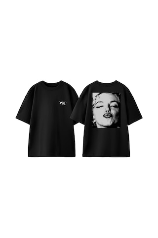 Thewert Marilyn Monroe Kiss Tasarım Sırt Baskılı Pamuk Siyah Oversize T-shirt