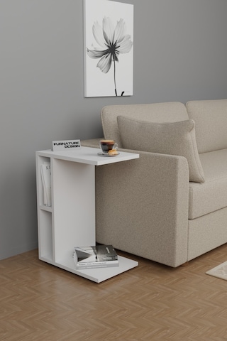 C Yan Sehpa Tekerlekli Koltuk Kenarı Dergilik Sehpa Beyaz