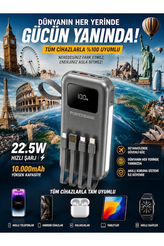 10000mah 22.5w Hızlı Şarjlı Powerbank Usb Micro Type-c Girişli Led Işıklı Kendinden Kablolu Antrasit