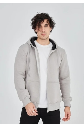Vexor Unisex Tam Fermuarlı Kapşonlu Sweatshirt - Boyalı Gri