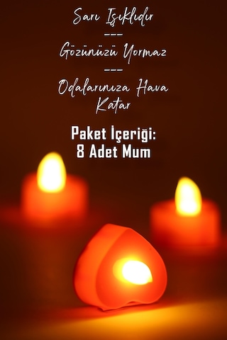 8 Adet Kalp Kırmızı Mini Led Mum Seti Pilli Dumansız Alevli Ledli Dekoratif Yapay Mum Dekor Işığı