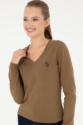 U.S. Polo Assn. Kadın Koyu Haki Melanj V Yaka Basic Kazak 50293542-VR126