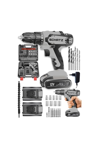 Schatz Pro 12v 1.5 Ah Darbeli Çelik Şanzıman Çift Akülü Bakır Sargılı Şarjlı Vidalama Matkap 24 Parça Gri -