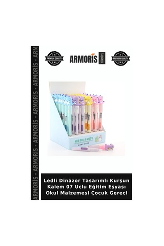 Ledli Dinazor Tasarımlı Kurşun Kalem 07 Uclu Eğitim Eşyası Okul Malzemesi Çocuk Gereci Çok Renkli