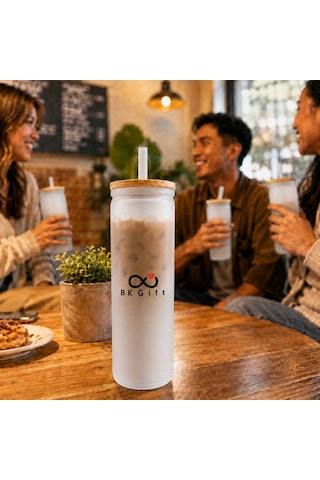 Logonuza Özel 10 Adet Plastik Pipetli Bambu Kapaklı 500 Ml Cam Suluk - Beyaz