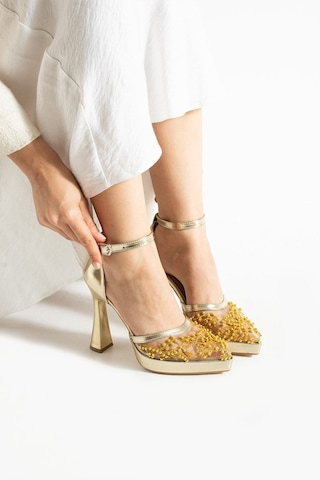 Dabab Shoes Pearly Gold Kadın Platformlu 11cm Topuklu İncili Bilekten Bantlı Abiye Gelin Düğün Ayakkabısı Altın