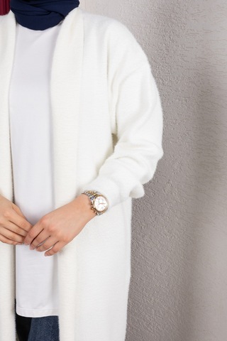 Hira Life Fashion Kadın Şal Yaka Uzun Triko Ve Sakallı Tüylü Hırka Krem Krem